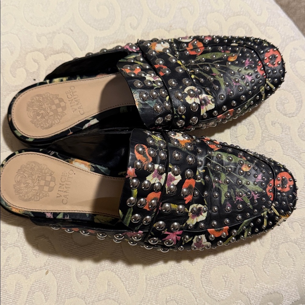 VINCE CAMUTO | Floral Leather Sessa Studded Loafer Mule Slide Shoes
